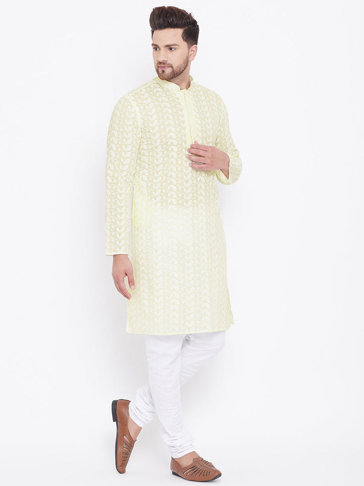 Sarvati Men's Yellow Pure Cotton Chikankari Kurta Pyjama Set