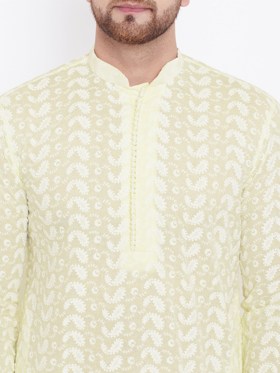 Sarvati Men's Yellow Pure Cotton Chikankari Kurta Pyjama Set