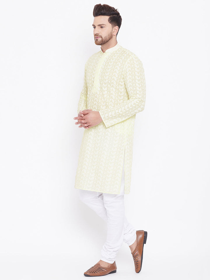 Sarvati Men's Yellow Pure Cotton Chikankari Kurta Pyjama Set