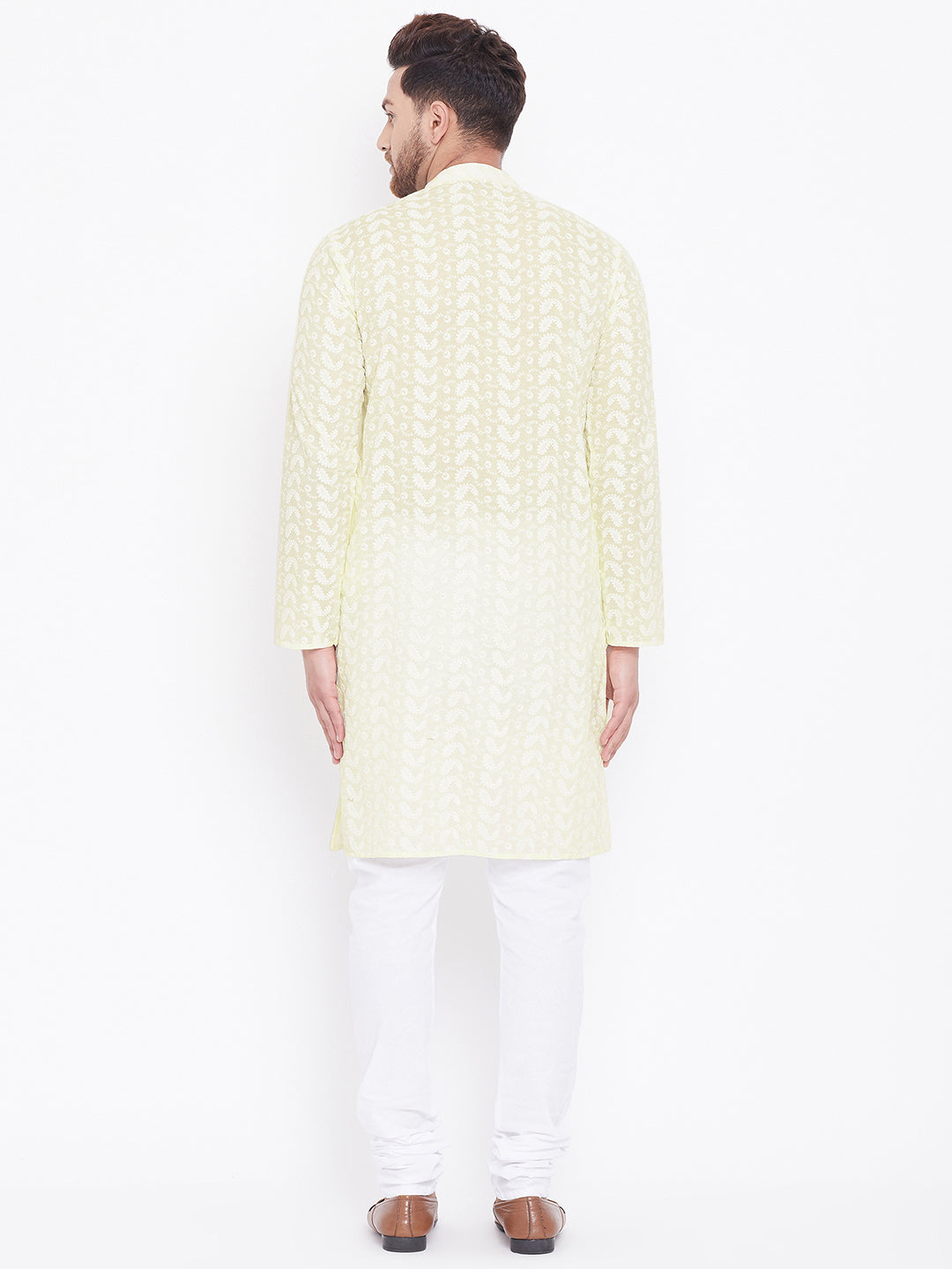 Sarvati Men's Yellow Pure Cotton Chikankari Kurta Pyjama Set