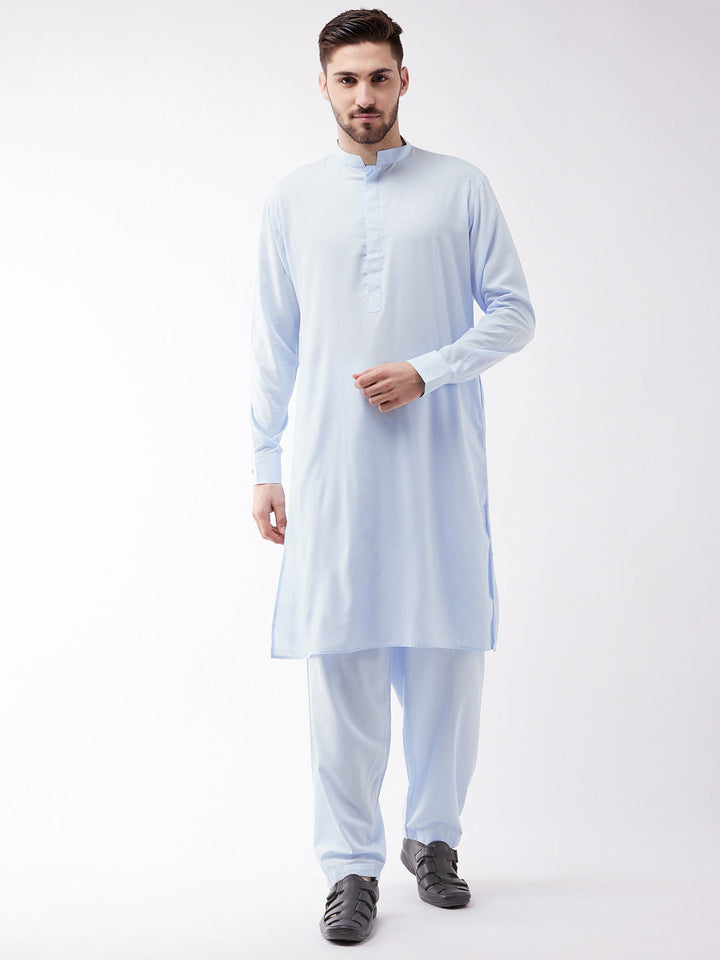 Sarvati Men's Blue Cotton Blend Kurta and Pyjama Set