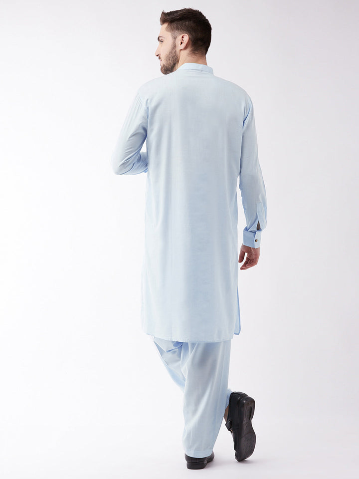 Sarvati Men's Blue Cotton Blend Kurta and Pyjama Set