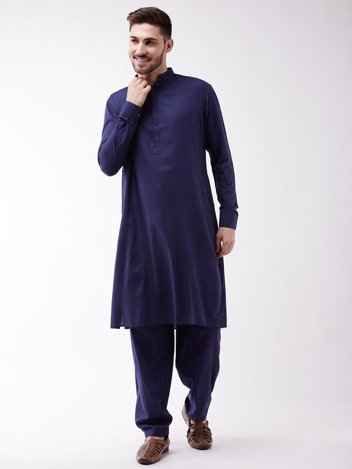 Sarvati Men's Blue Cotton Blend Kurta and Pyjama Set
