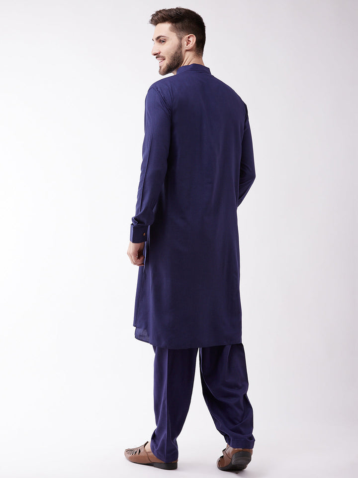 Sarvati Men's Blue Cotton Blend Kurta and Pyjama Set