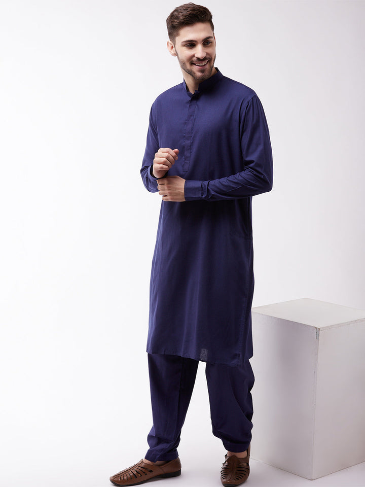 Sarvati Men's Blue Cotton Blend Kurta and Pyjama Set