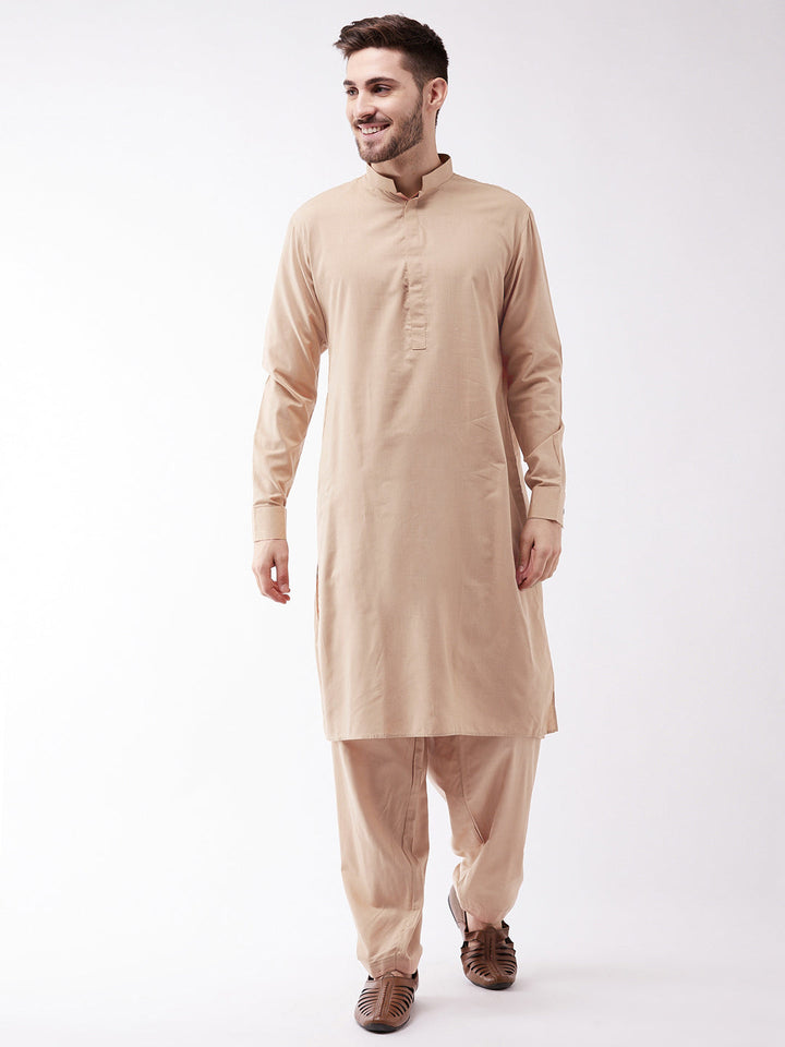 Men's Chiku Cotton Blend Kurta and Pyjama Set