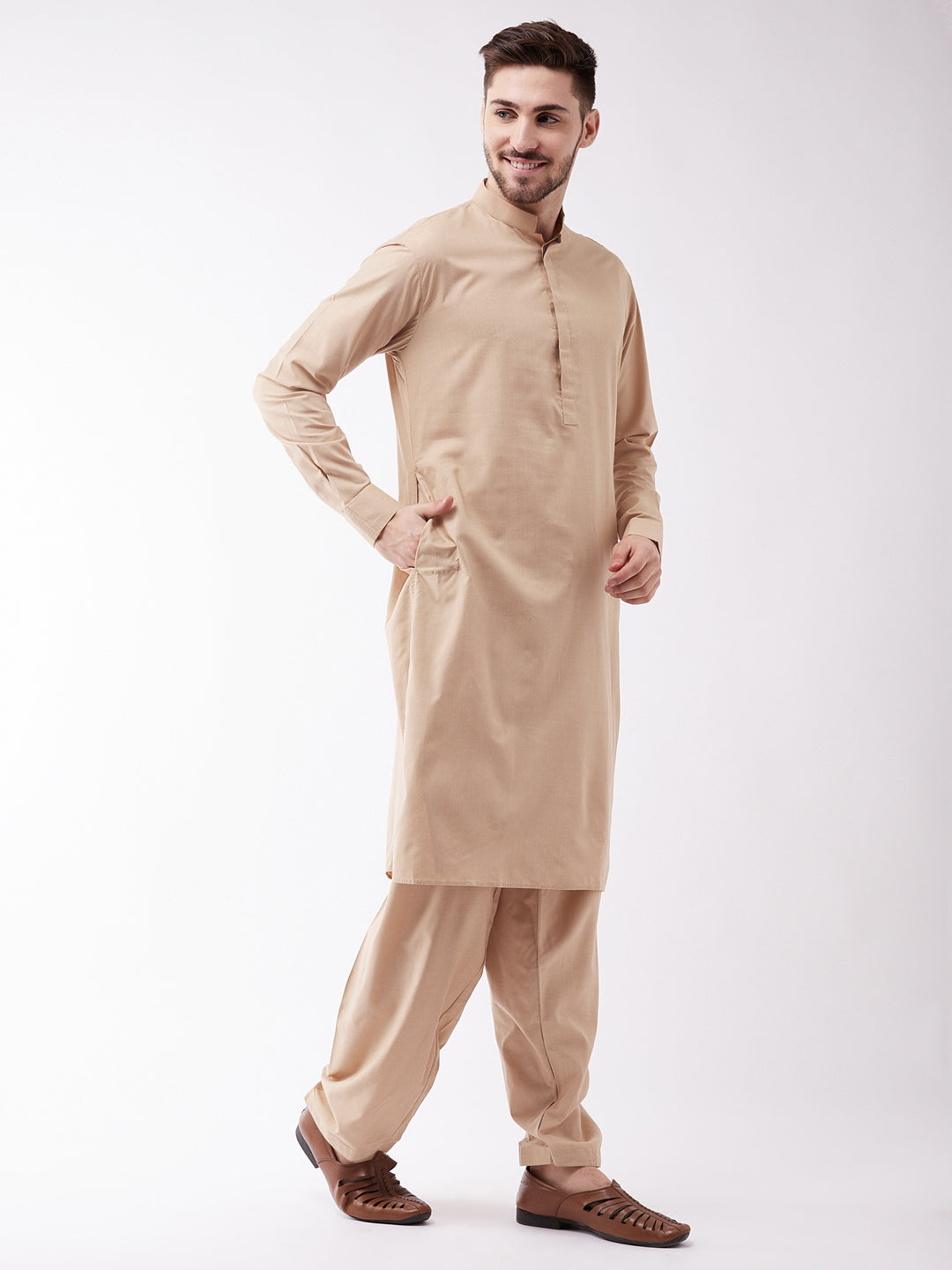 Men's Chiku Cotton Blend Kurta and Pyjama Set