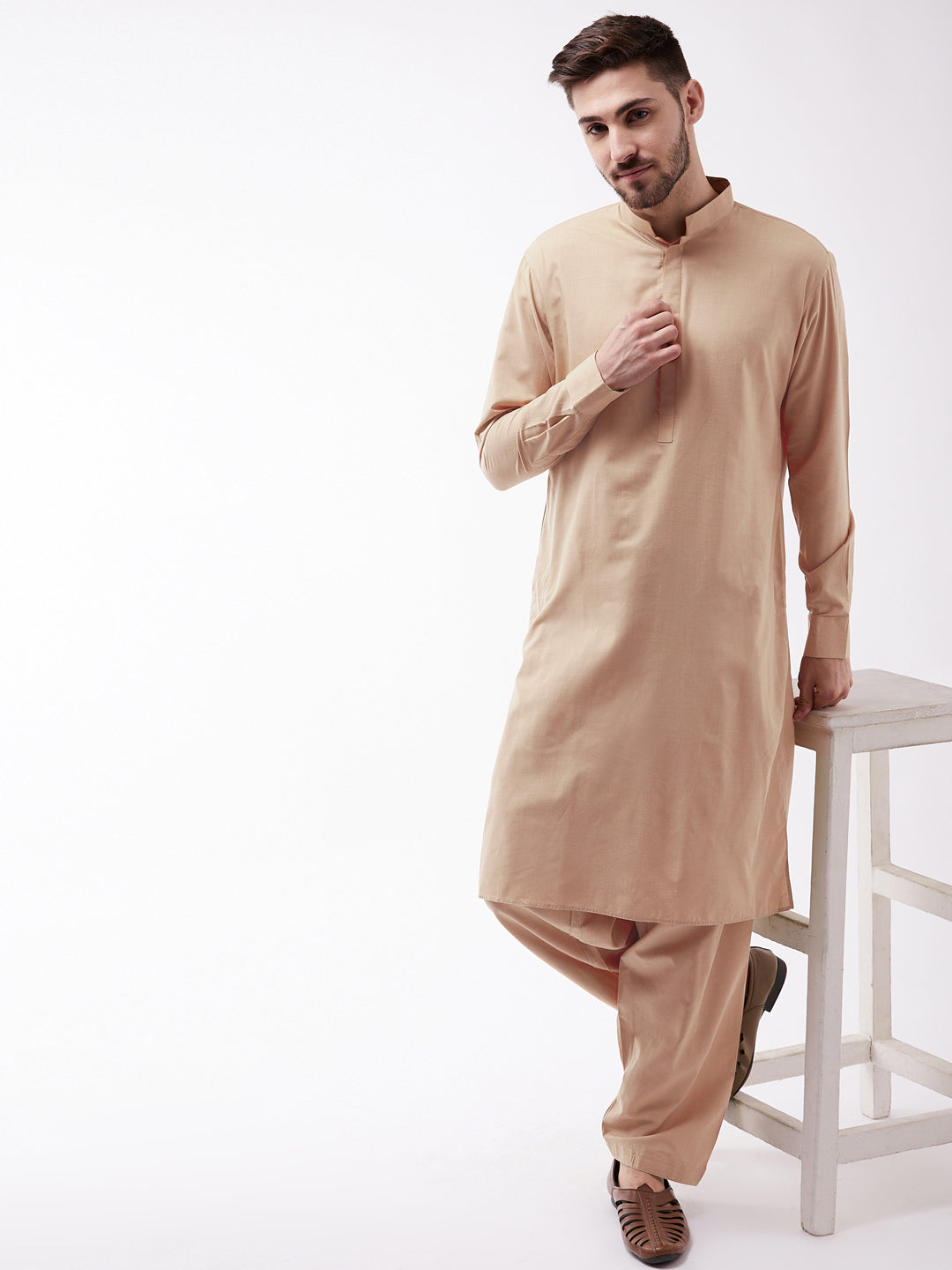 Men's Chiku Cotton Blend Kurta and Pyjama Set