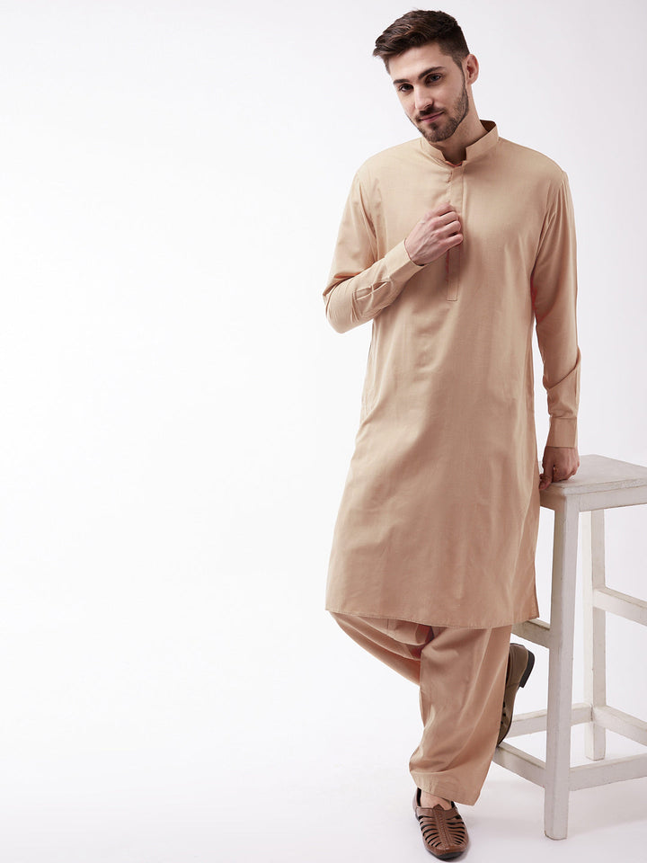 Men's Chiku Cotton Blend Kurta and Pyjama Set