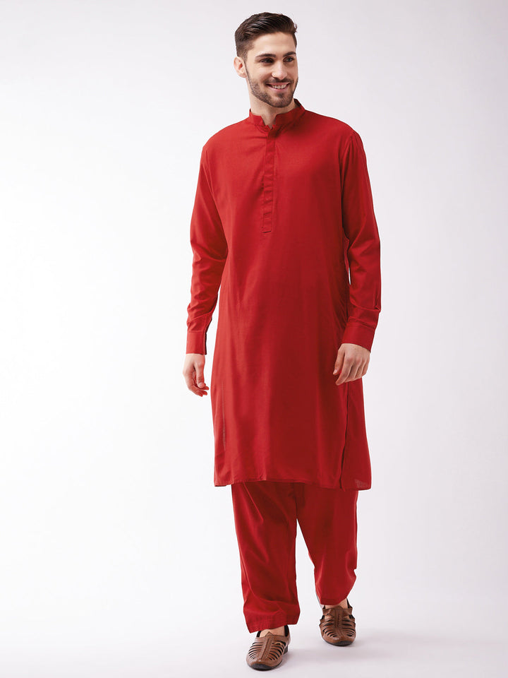 Sarvati Men's Maroon Cotton Blend Kurta and Pyjama Set