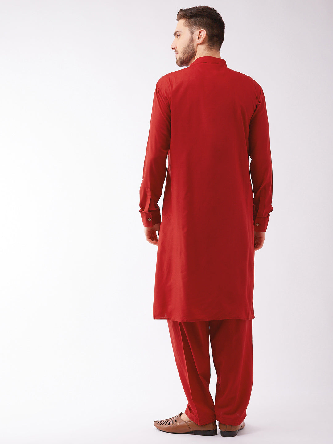 Sarvati Men's Maroon Cotton Blend Kurta and Pyjama Set