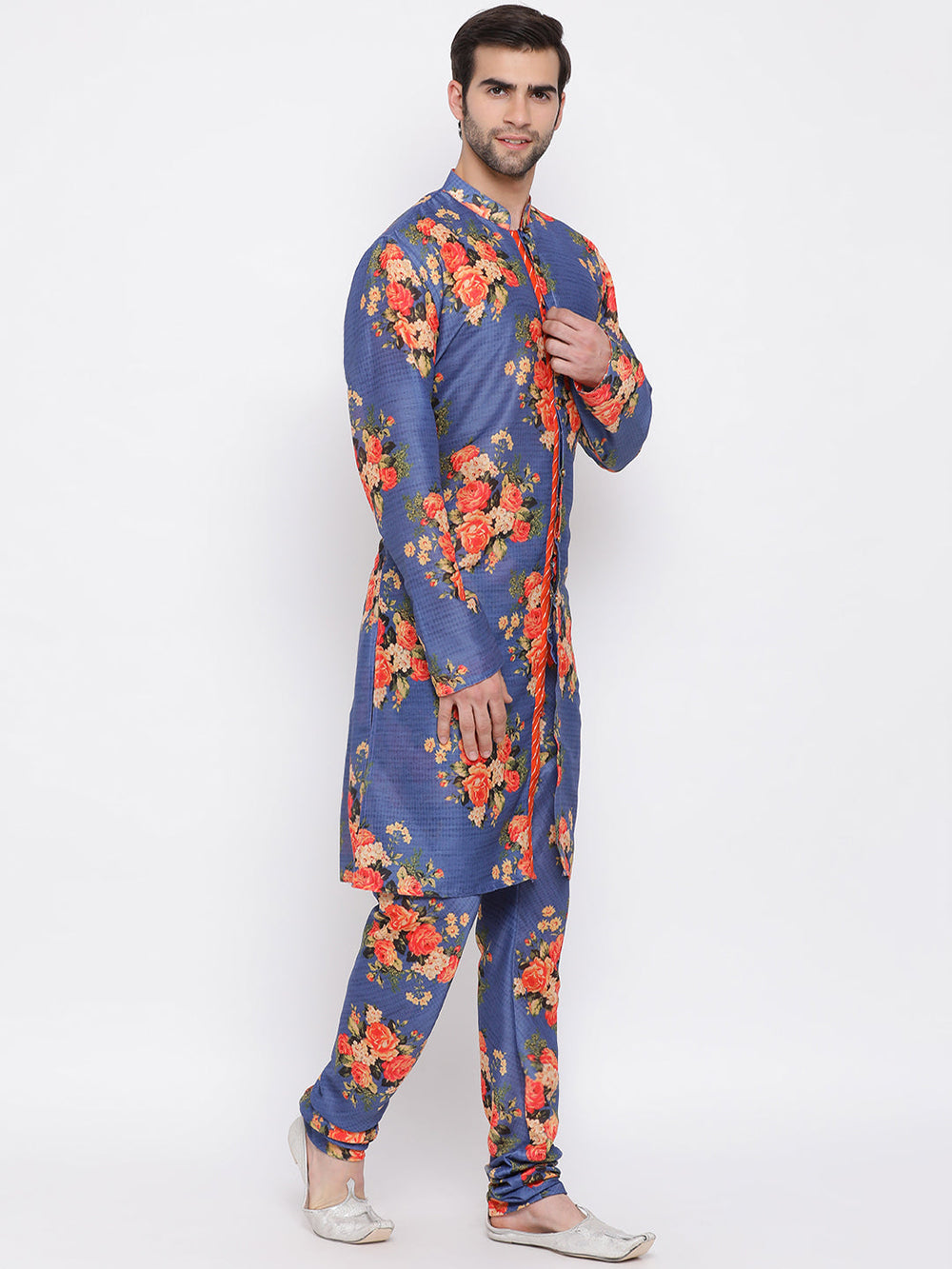 Sarvati Blue Floral Printed Kurta Pyjama Set With Leharia Border