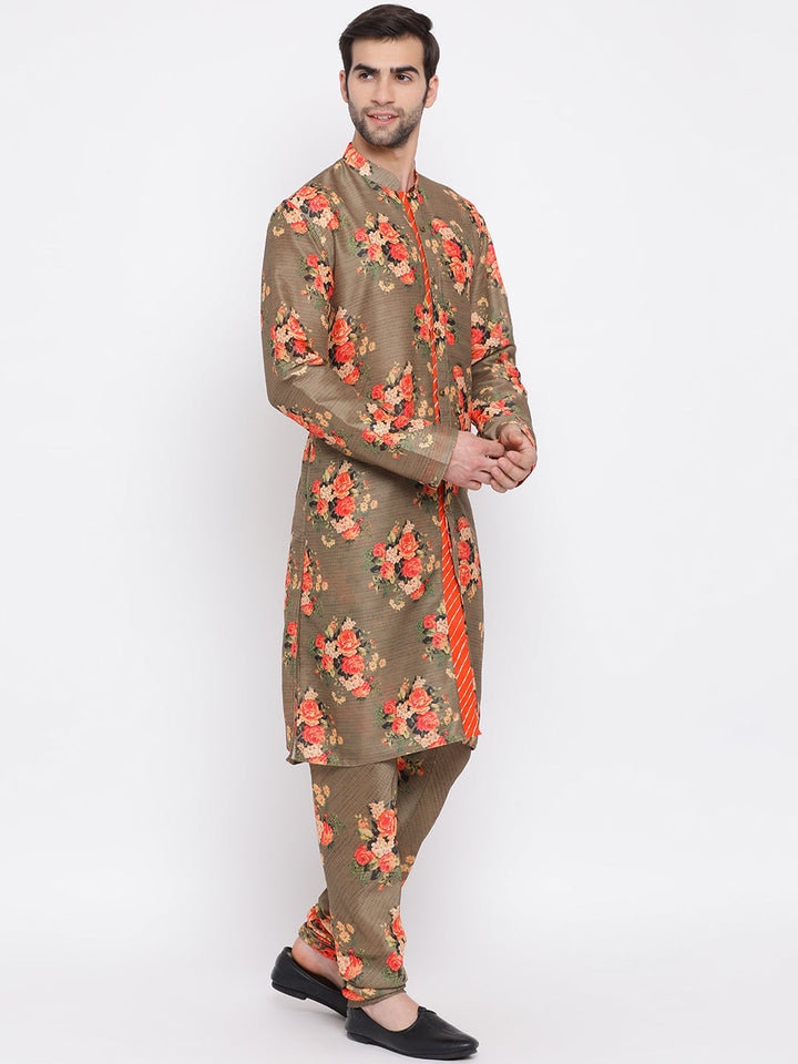 Sarvati Beige Floral Printed Kurta Pyjama Set With Leharia Border