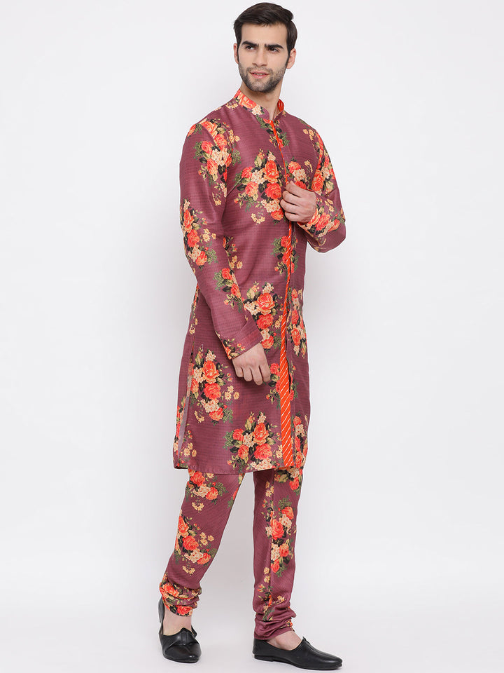 Sarvati Purple Floral Printed Kurta Pyjama Set With Leharia Border