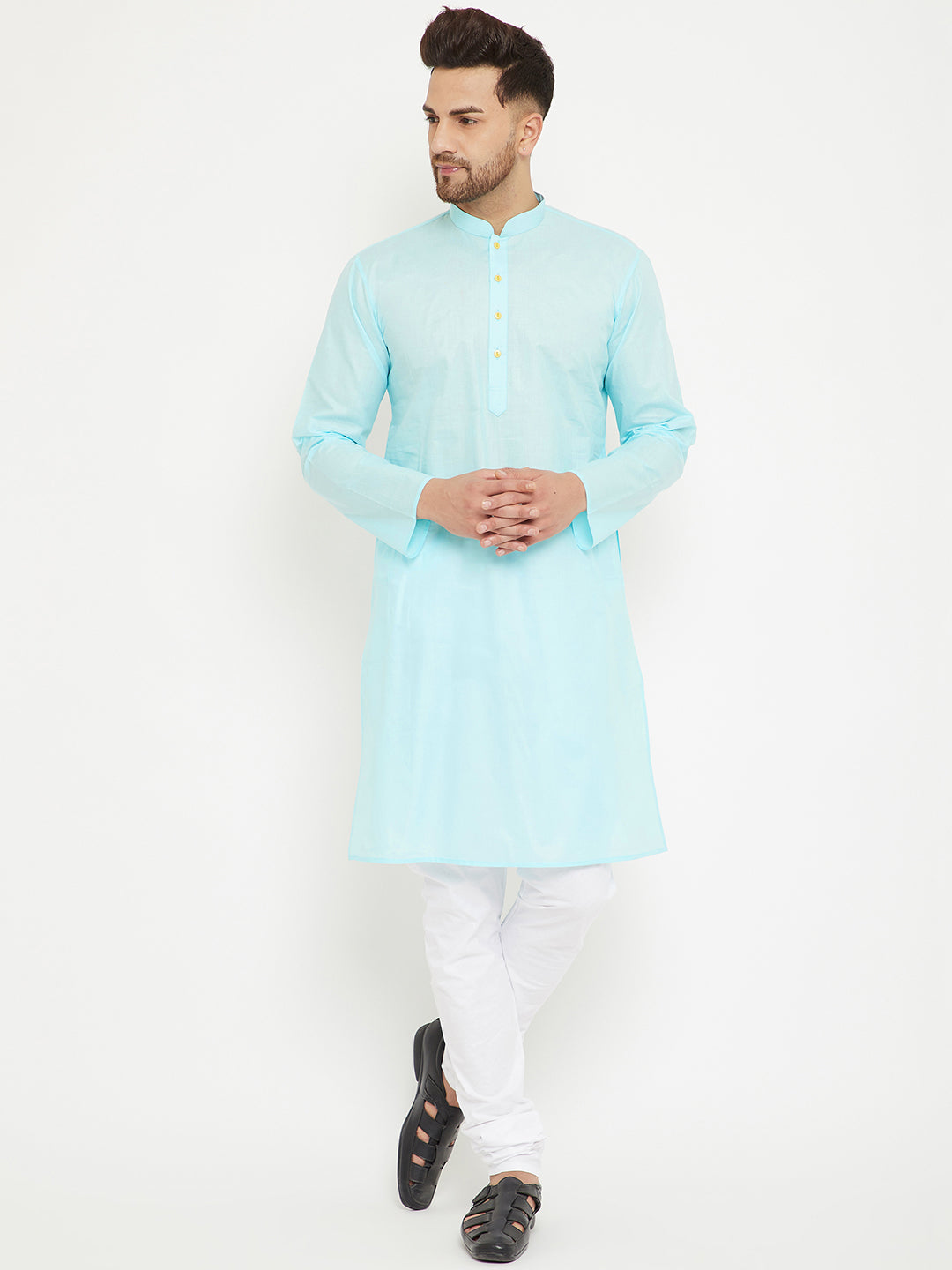 Sarvati Men's Aqua And White Cotton Kurta Churidar Set