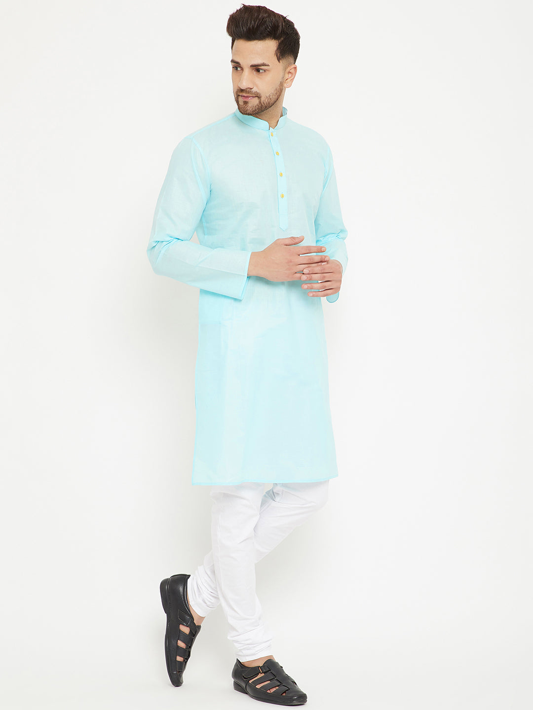 Sarvati Men's Aqua And White Cotton Kurta Churidar Set