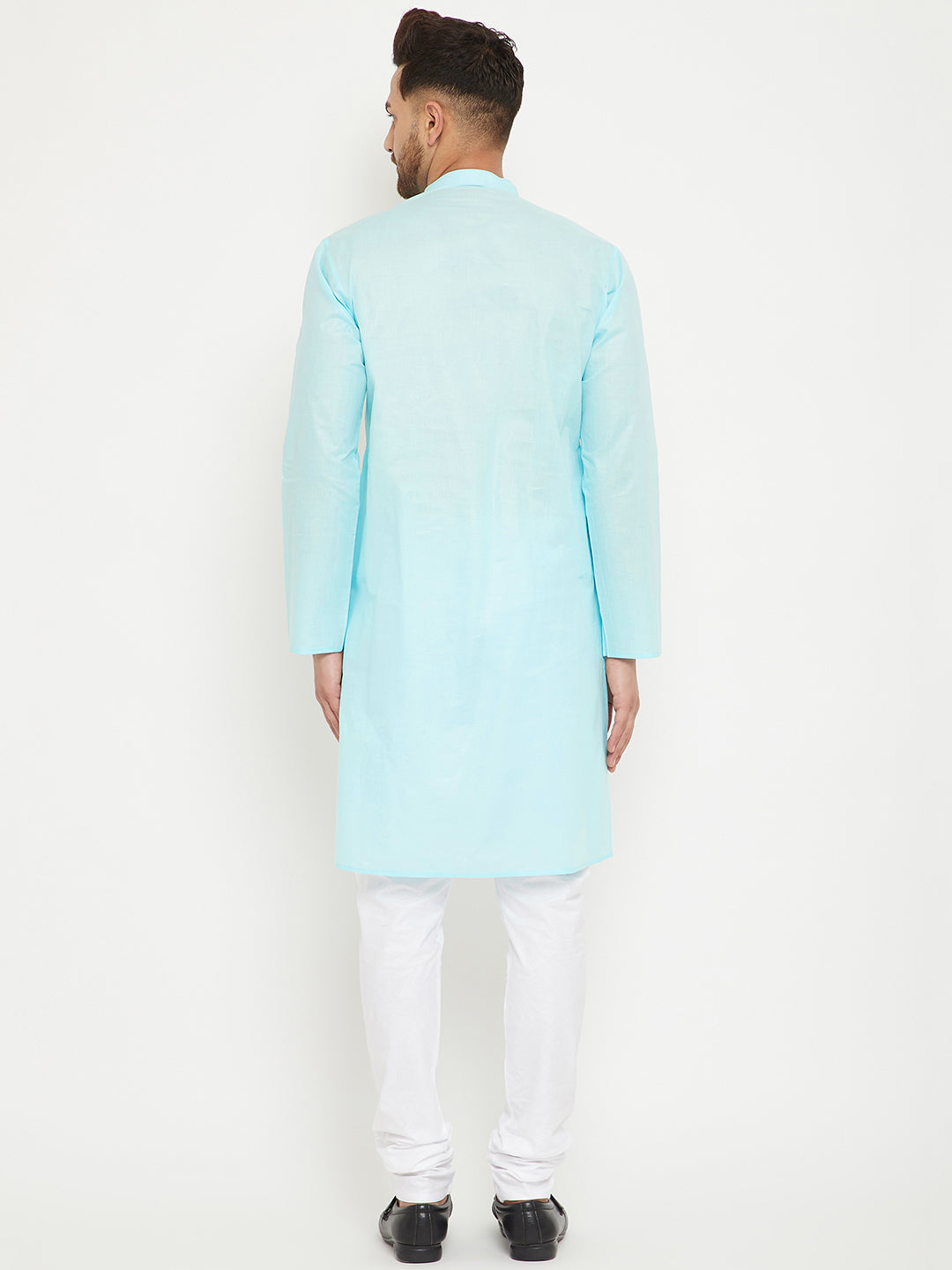 Sarvati Men's Aqua And White Cotton Kurta Churidar Set