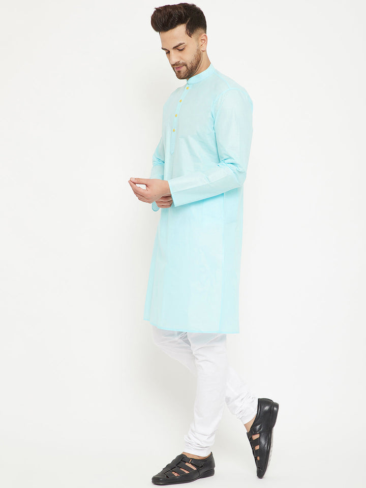 Sarvati Men's Aqua And White Cotton Kurta Churidar Set