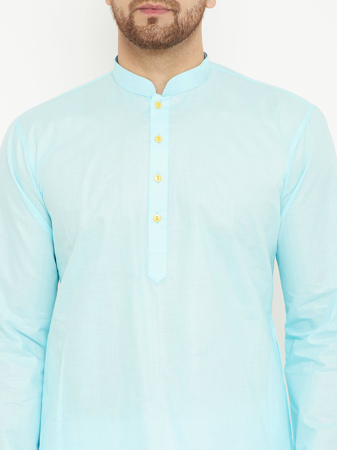 Sarvati Men's Aqua And White Cotton Kurta Churidar Set