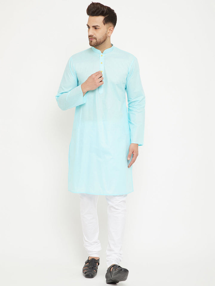 Sarvati Men's Aqua And White Cotton Kurta Churidar Set