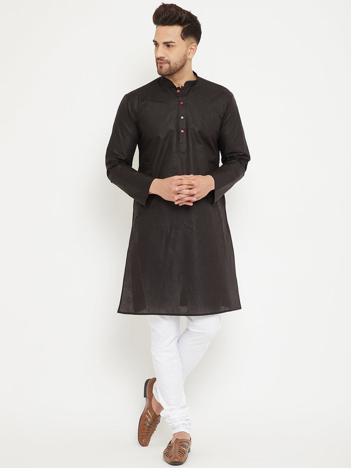 Sarvati Men's Black And White Cotton Kurta Churidar Set