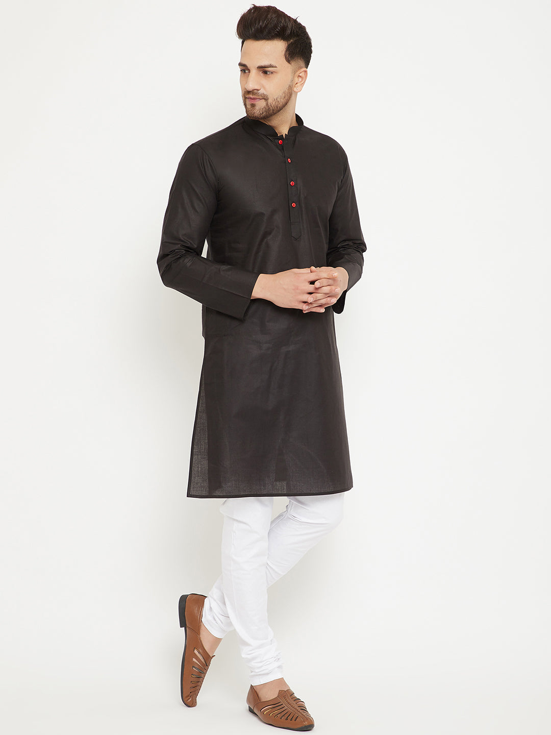 Sarvati Men's Black And White Cotton Kurta Churidar Set