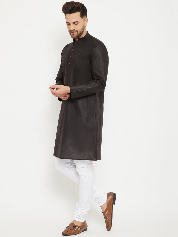 Sarvati Men's Black And White Cotton Kurta Churidar Set