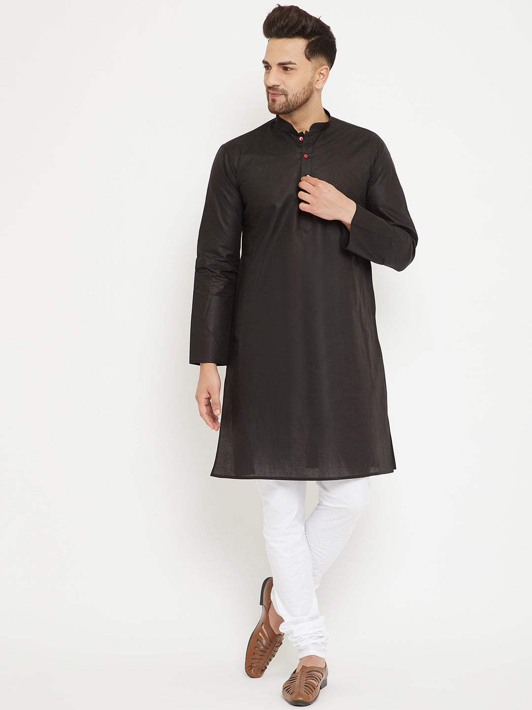 Sarvati Men's Black And White Cotton Kurta Churidar Set