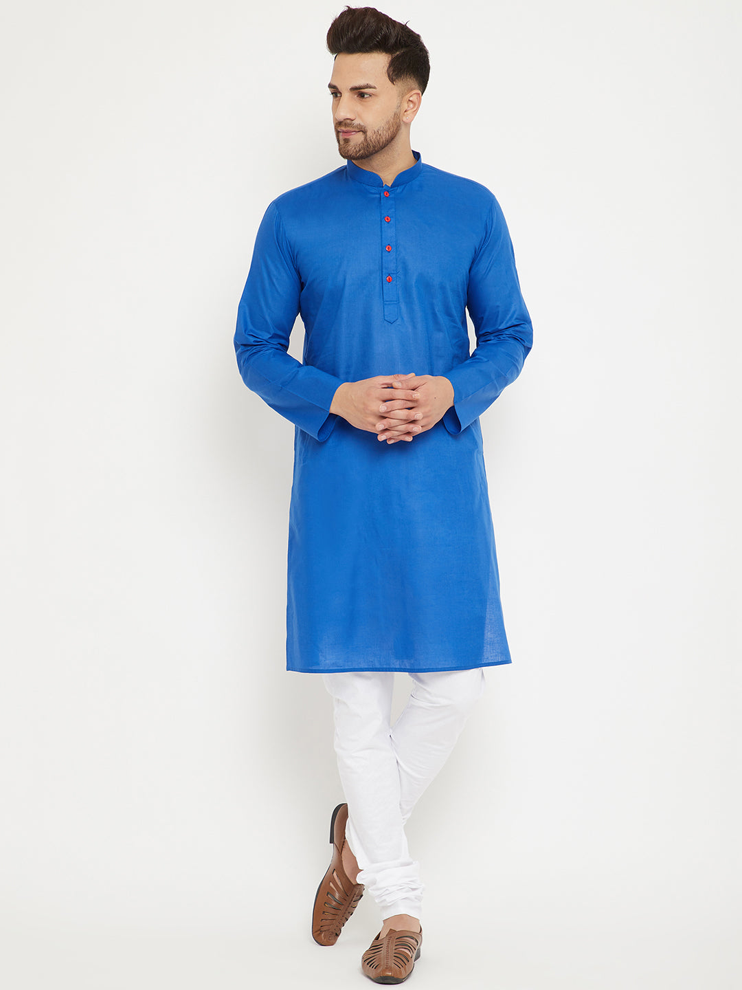 Sarvati Men's Blue And White Cotton Kurta Churidar Set