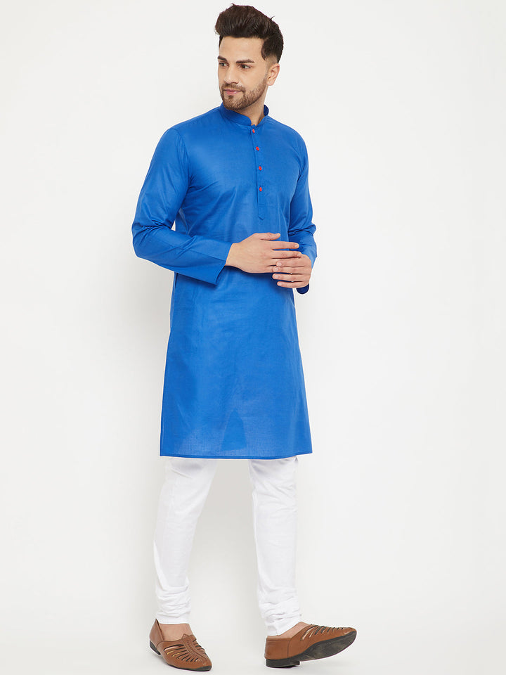 Sarvati Men's Blue And White Cotton Kurta Churidar Set