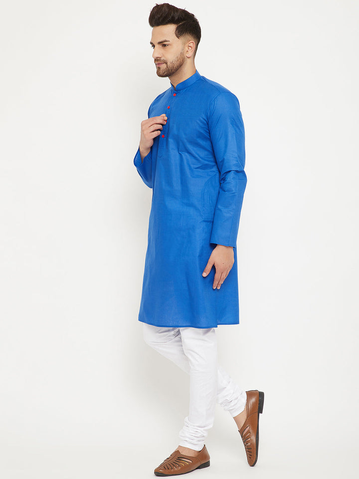 Sarvati Men's Blue And White Cotton Kurta Churidar Set