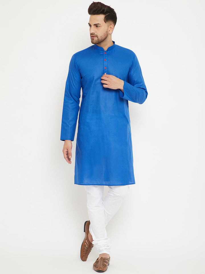 Sarvati Men's Blue And White Cotton Kurta Churidar Set