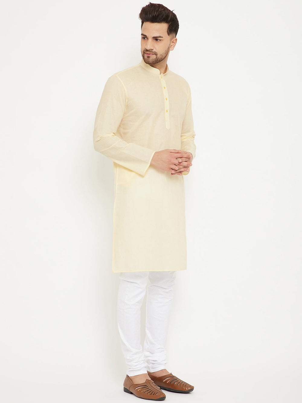 Sarvati Men's Cream And White Cotton Kurta Churidar Set