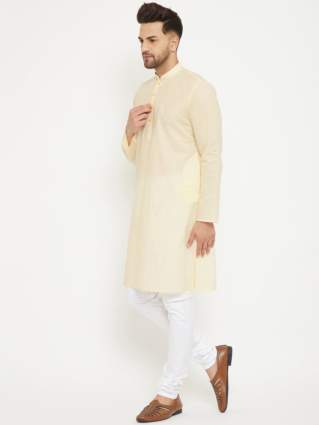 Sarvati Men's Cream And White Cotton Kurta Churidar Set