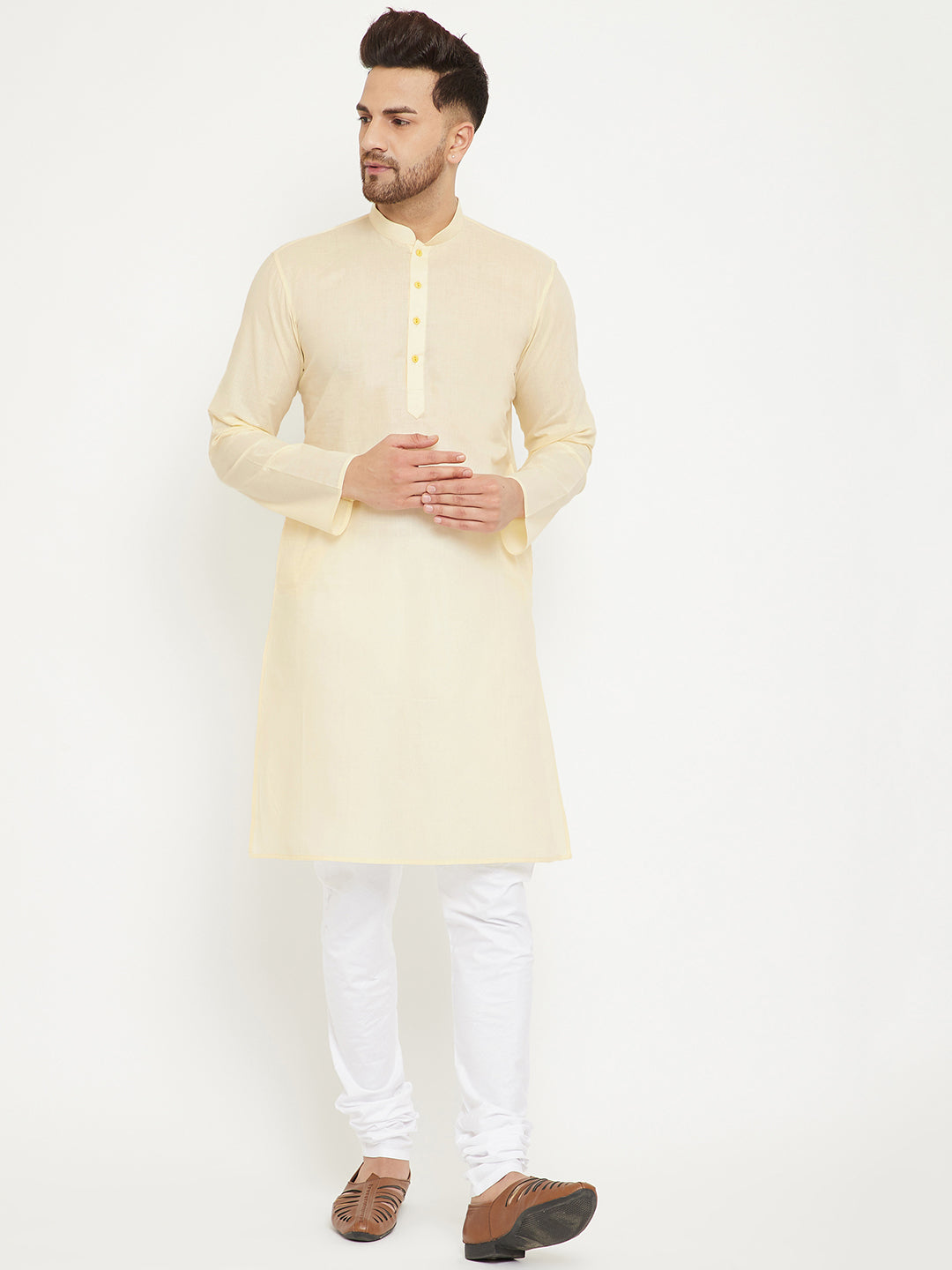 Sarvati Men's Cream And White Cotton Kurta Churidar Set