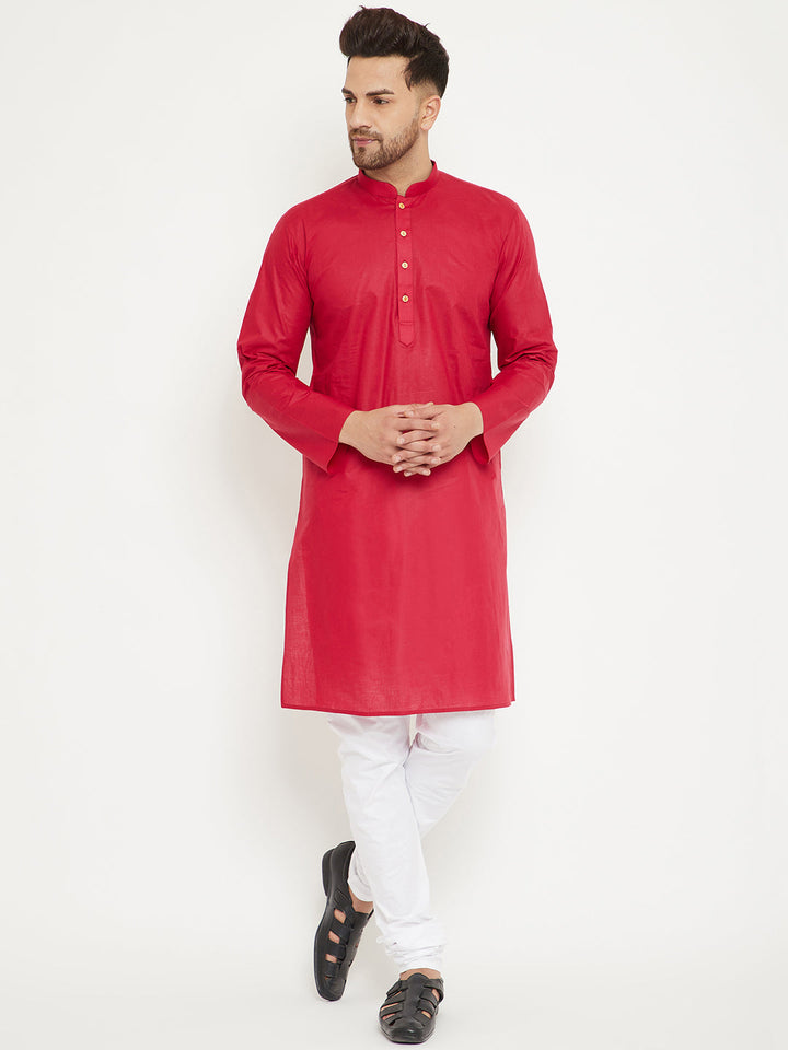 Sarvati Men's Red And White Cotton Kurta Churidar Set