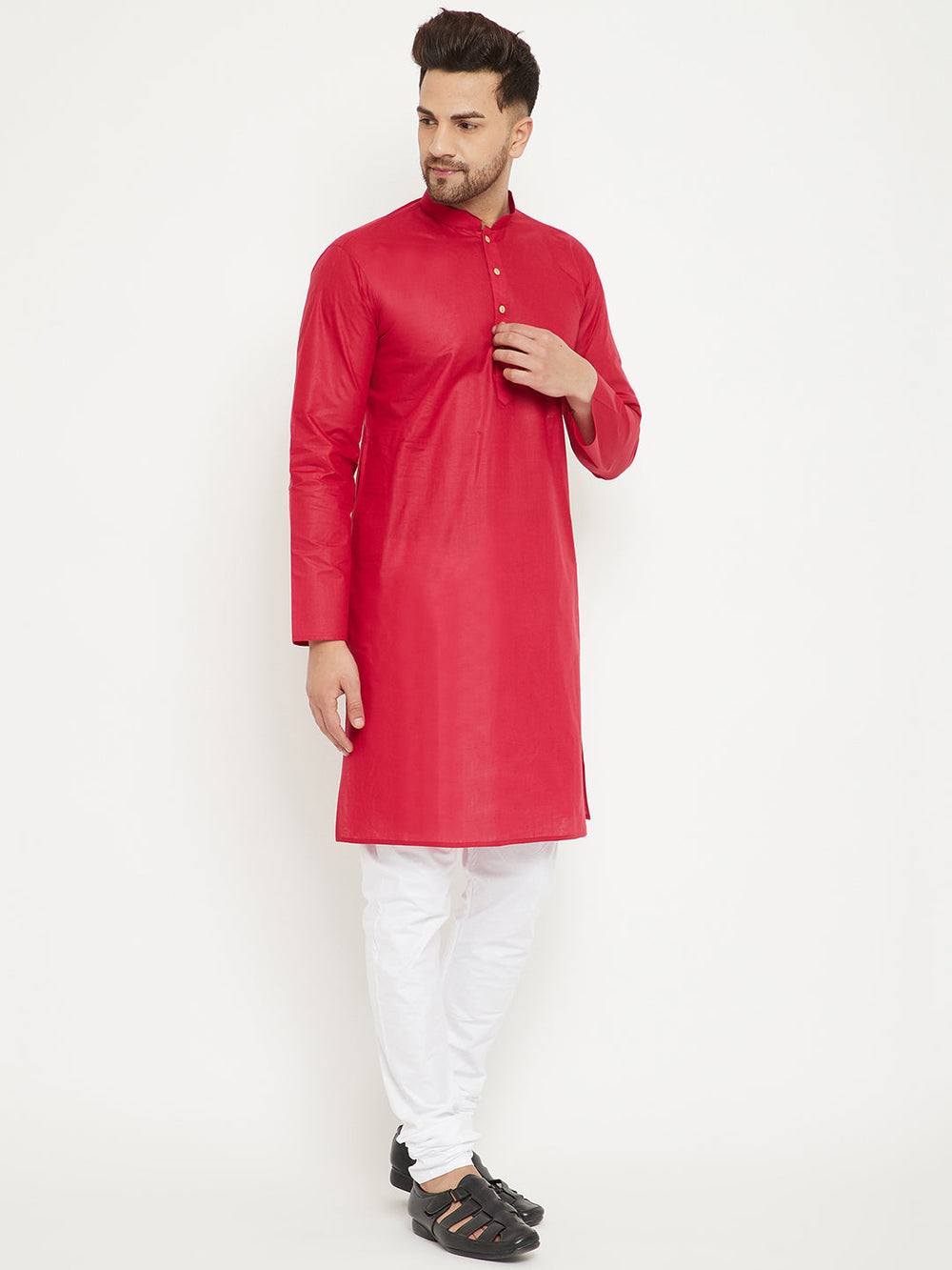 Sarvati Men's Red And White Cotton Kurta Churidar Set