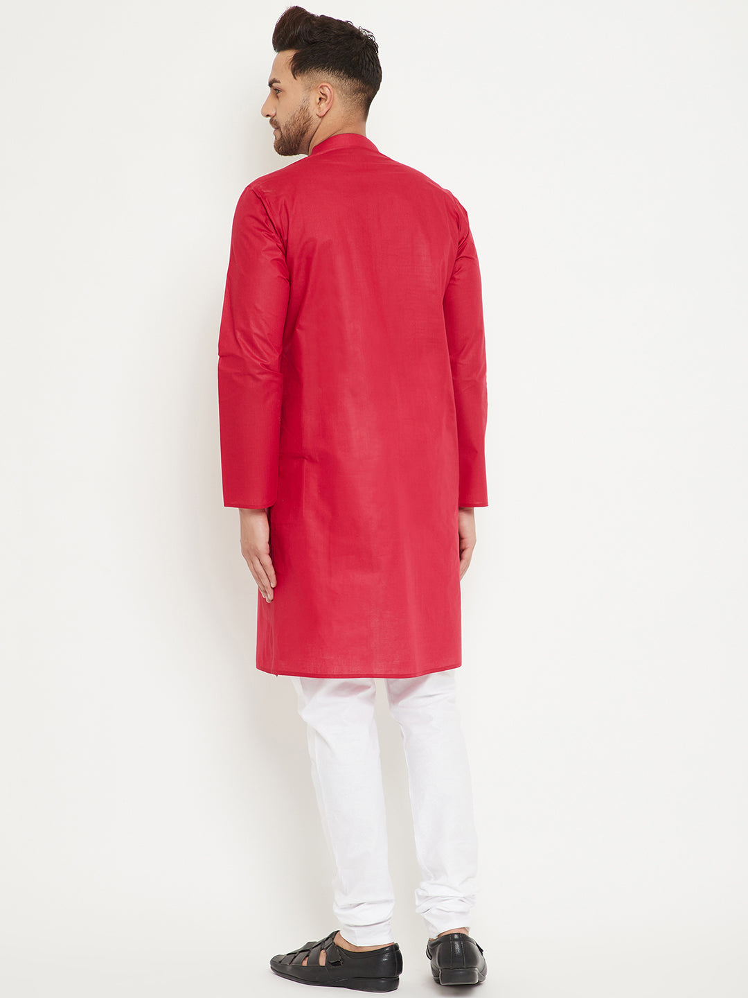 Sarvati Men's Red And White Cotton Kurta Churidar Set