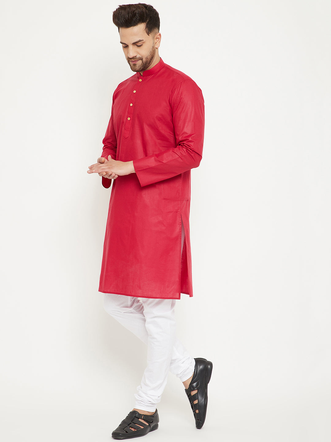 Sarvati Men's Red And White Cotton Kurta Churidar Set