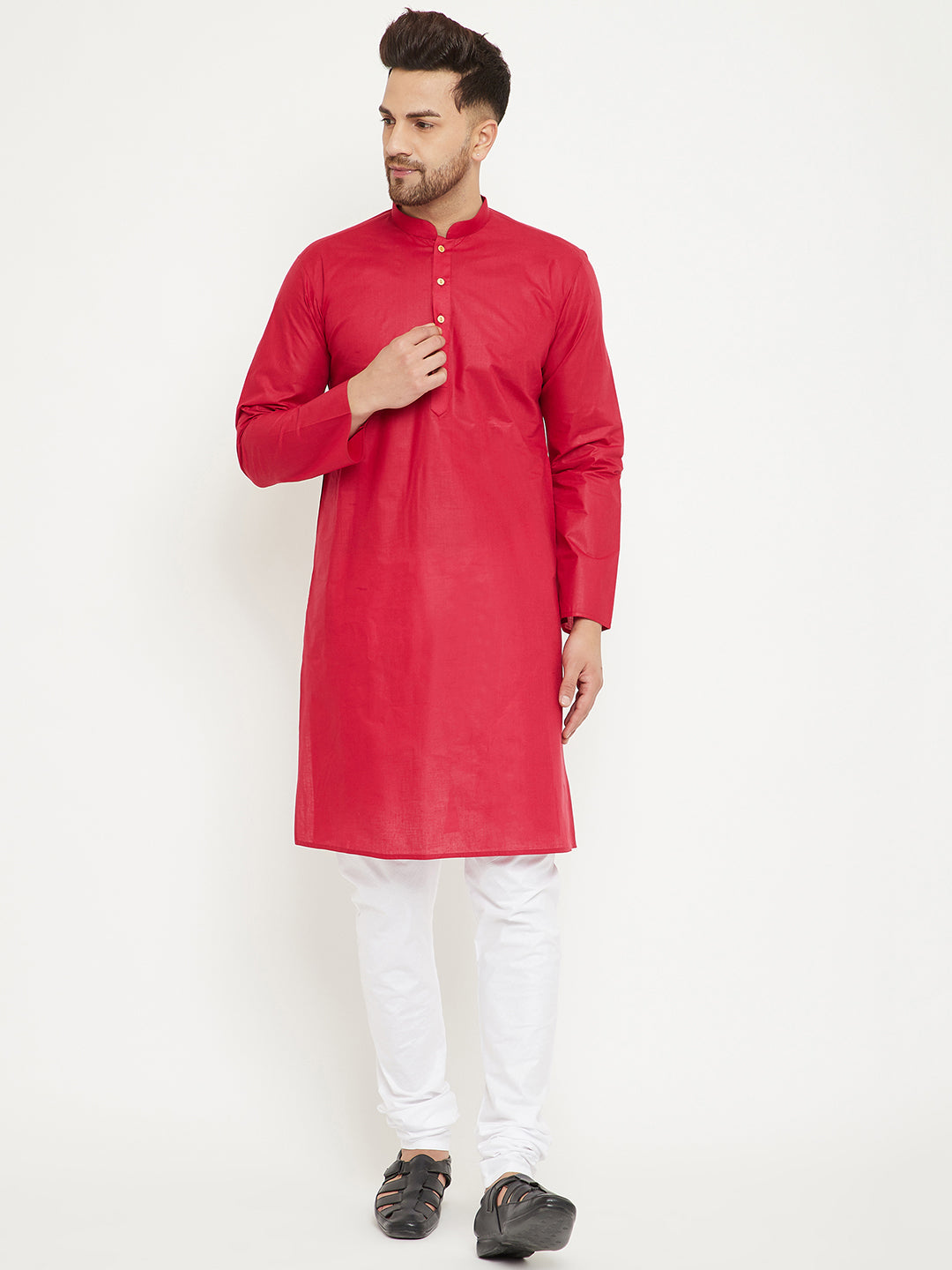 Sarvati Men's Red And White Cotton Kurta Churidar Set