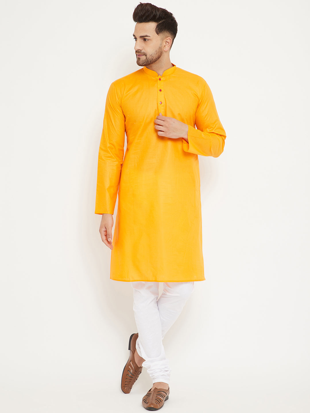 Sarvati Men's Orange And White Cotton Kurta Churidar Set