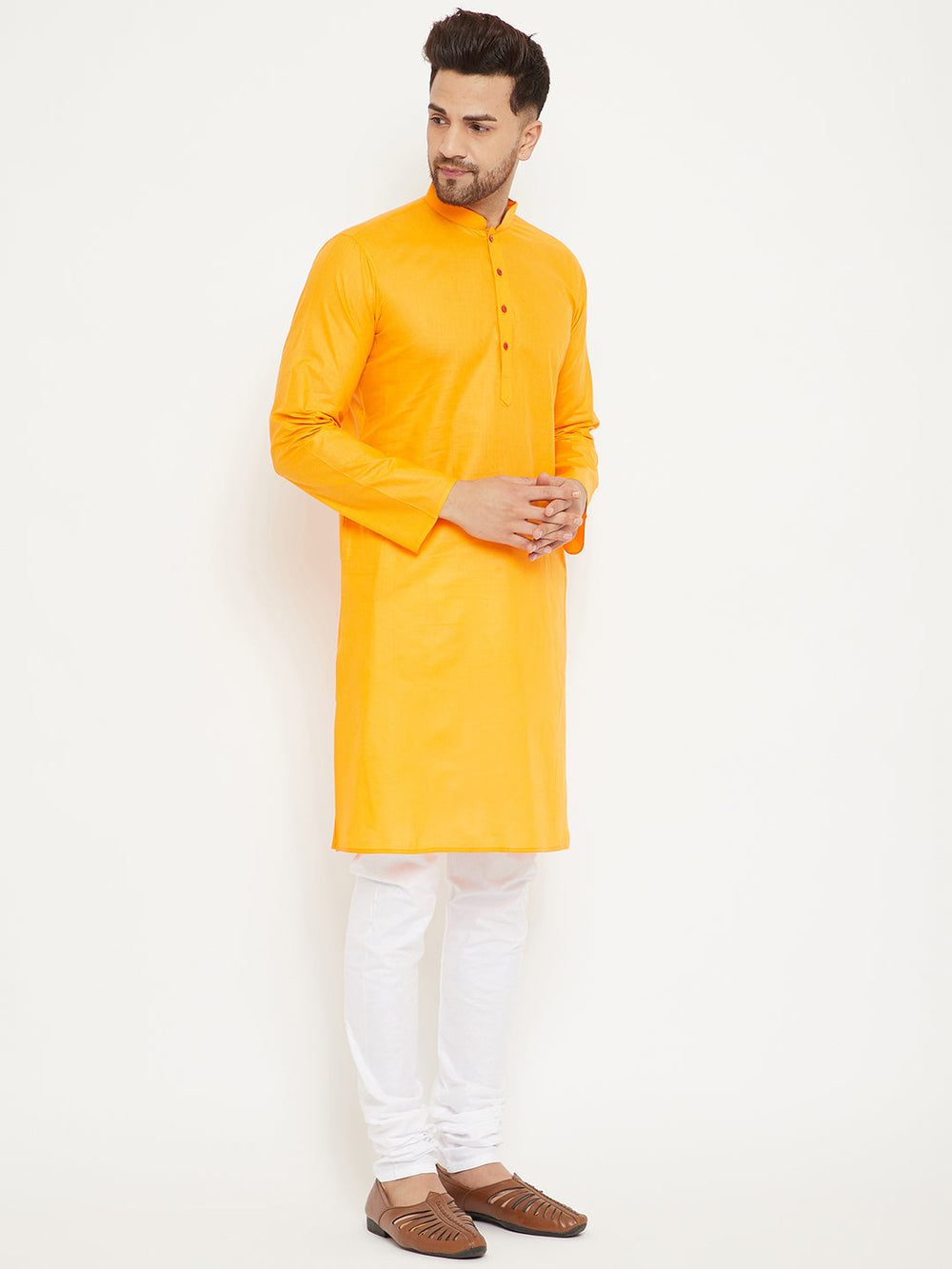 Sarvati Men's Orange And White Cotton Kurta Churidar Set