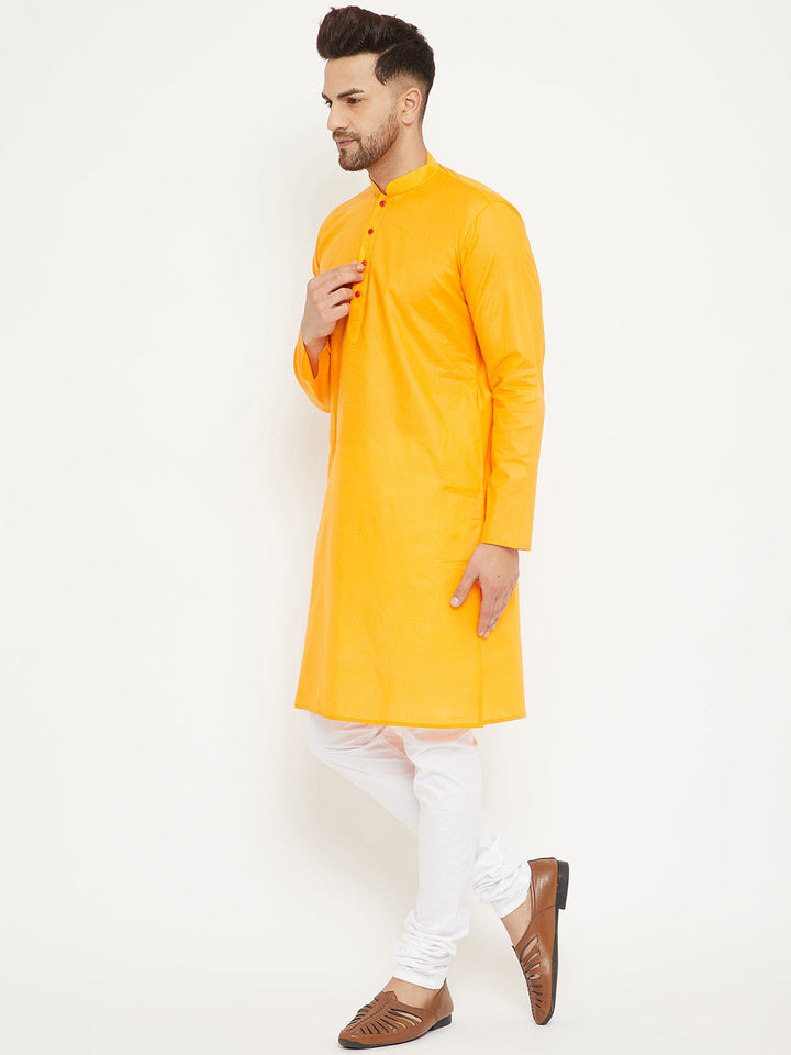 Sarvati Men's Orange And White Cotton Kurta Churidar Set