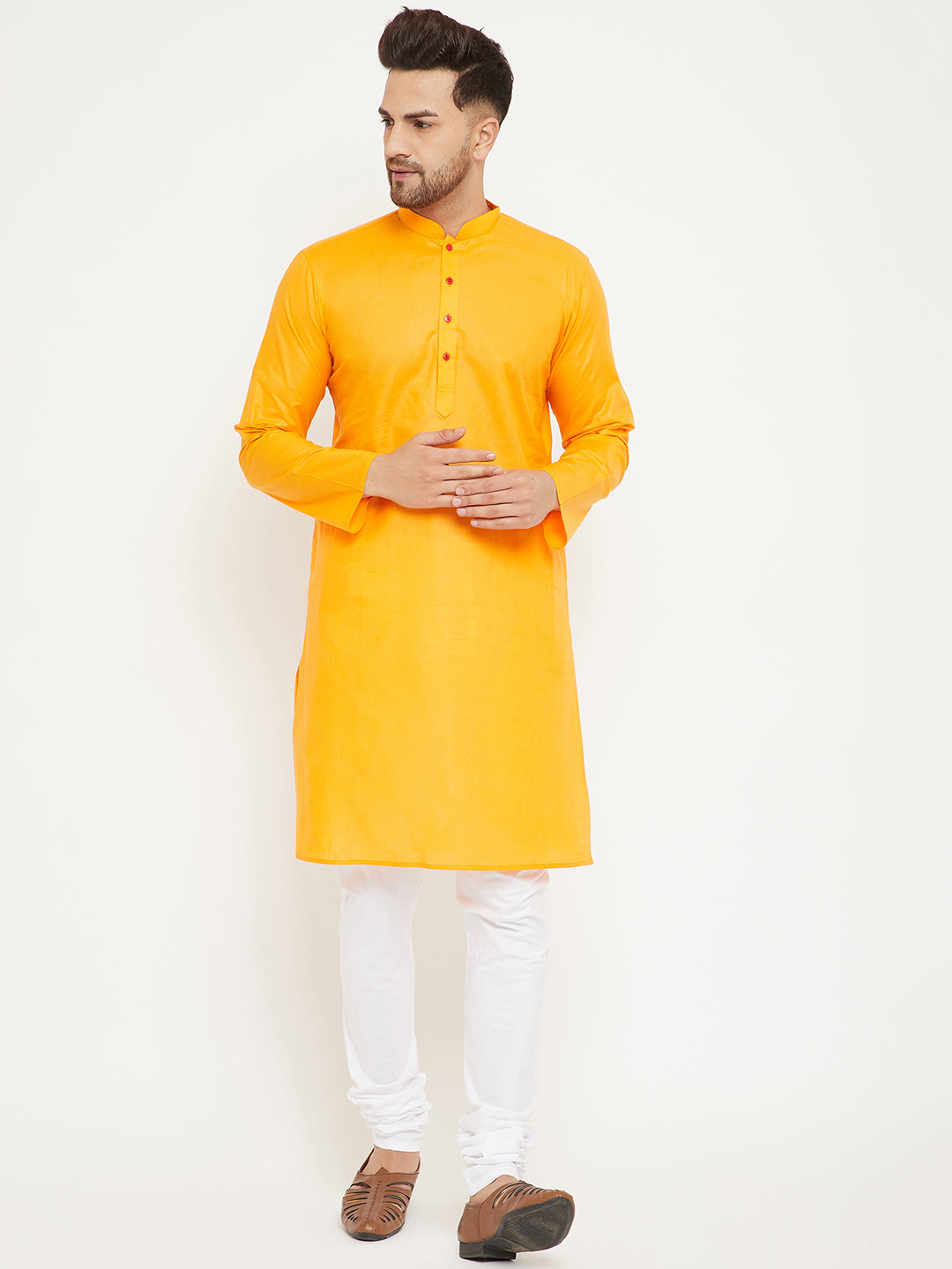 Sarvati Men's Orange And White Cotton Kurta Churidar Set