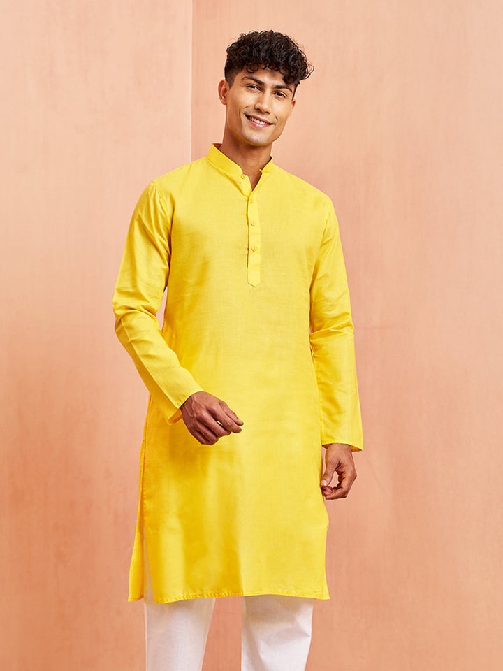 Men's Yellow Cotton Kurta Wedding Casual Wear
