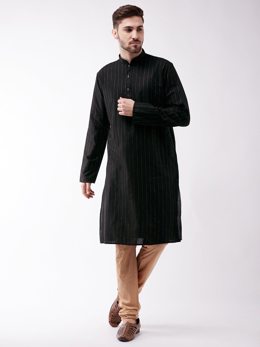 Sarvati Men's Black And Rose Gold Cotton Blend Kurta Pyjama Set