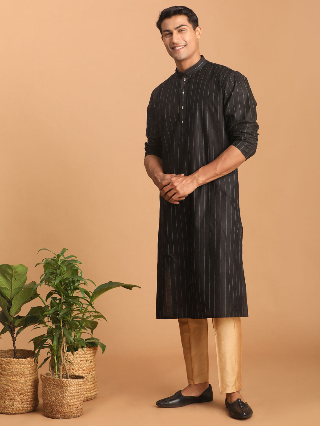 Sarvati Men's Black Striped Kurta And Rose Gold Pant Set