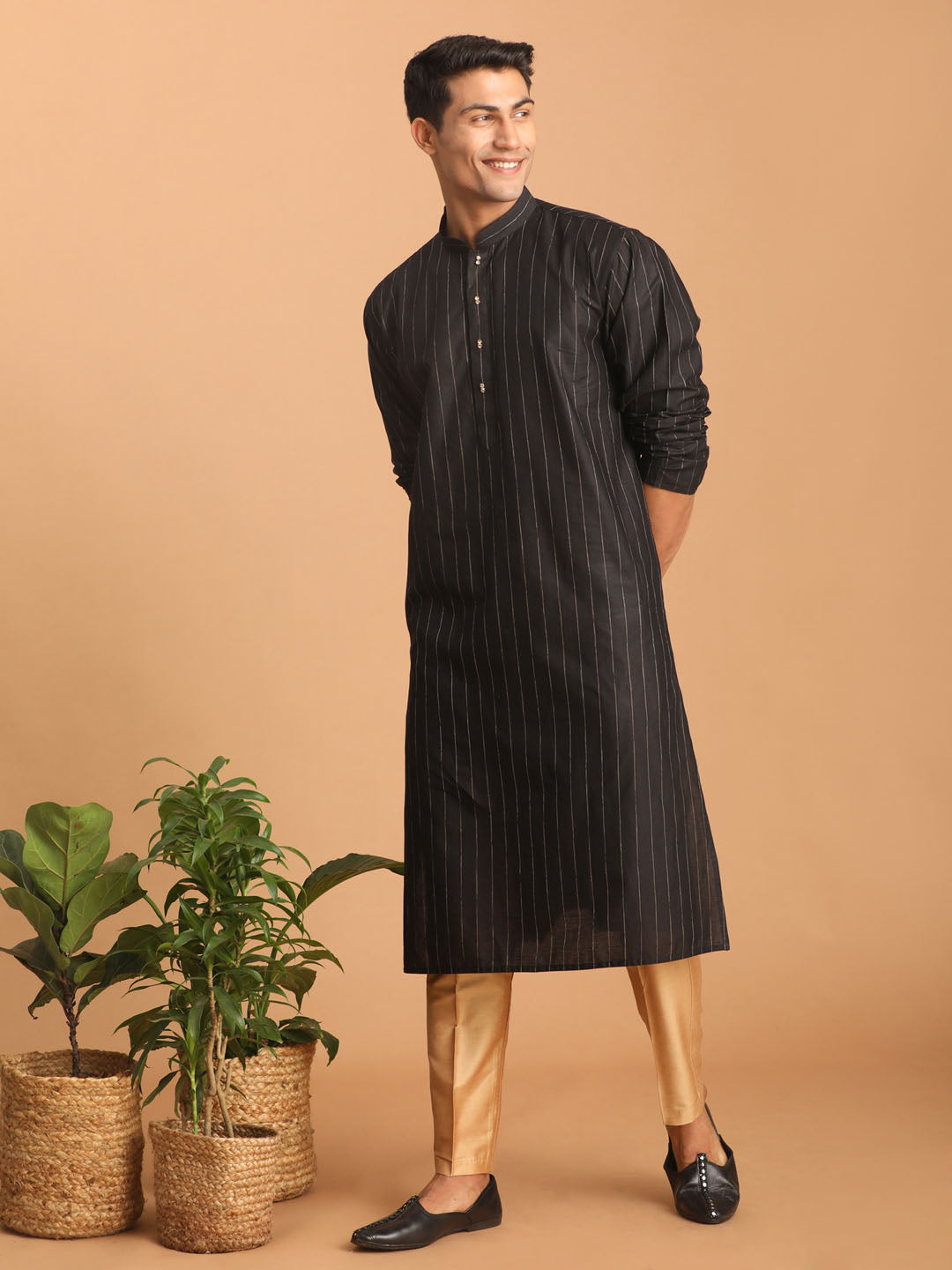 Sarvati Men's Black Striped Kurta And Rose Gold Pant Set