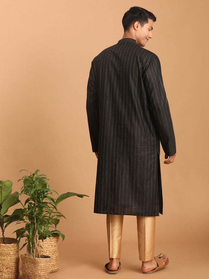 Sarvati Men's Black Striped Kurta And Rose Gold Pant Set