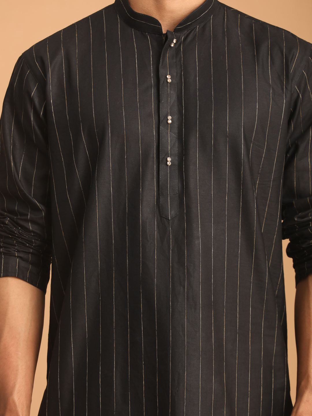 Sarvati Men's Black Striped Kurta And Rose Gold Pant Set